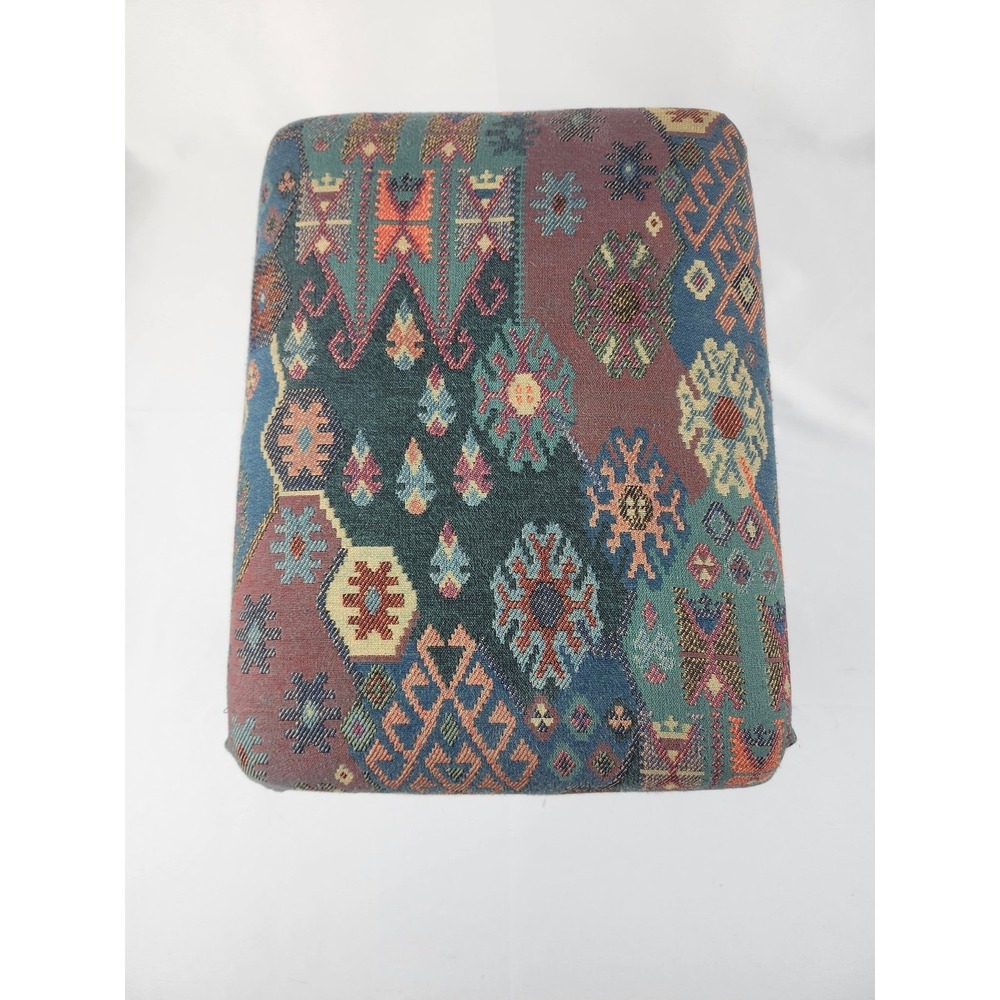 Vintage Tapestry Footstool Small Ottoman Wood Spindle Legs Boho Geometric‎ Stool